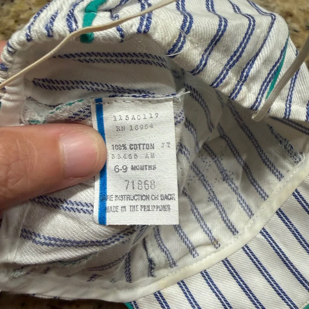 Vintage Baby Baseball Cap Pinstripe Star Hat Blue Teal 6-9 Months 100% Cotton